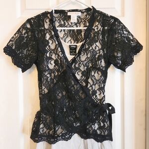 WHBM black lace wrap top